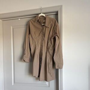 Anthropologie Beige Mini Cinch Waist Shirt Dress Button Front